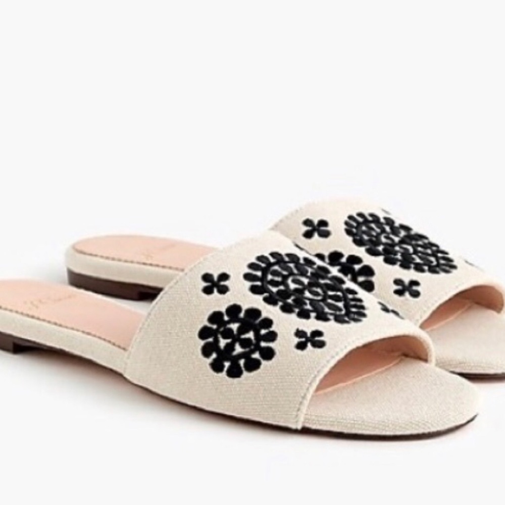 J.Crew Linen Cora Embroidered Slide Flats Sandals